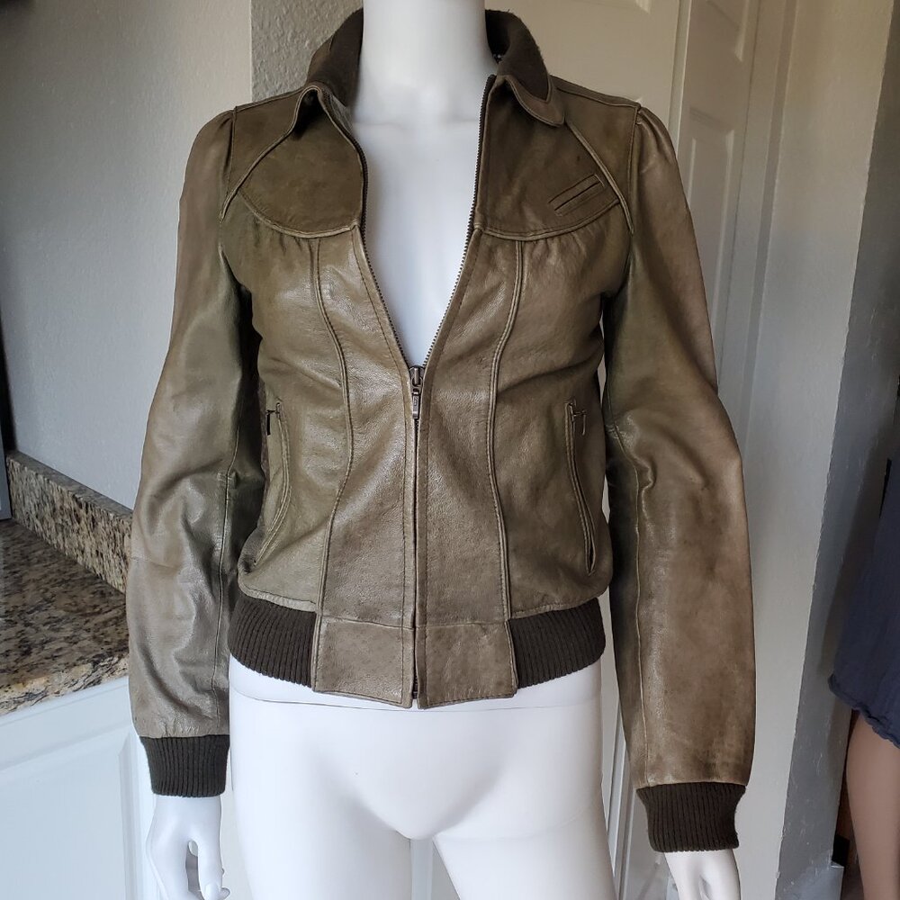 Vintage Y2K Green Leather Bomber Jacket Size 8